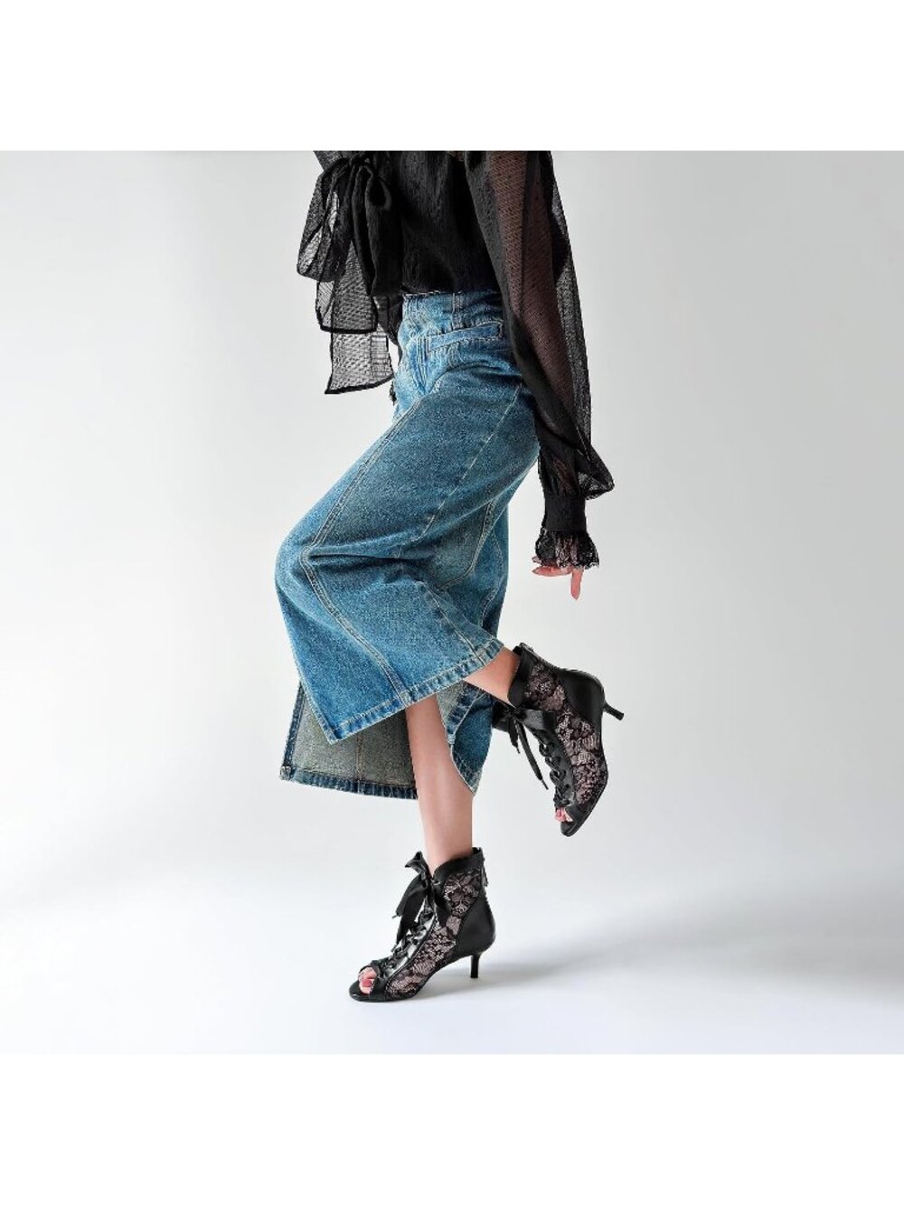 Women's Black Mesh Lace Booties Lace Up Ankle Boots Open Toe Kitten Heels - Picture 5 of 6